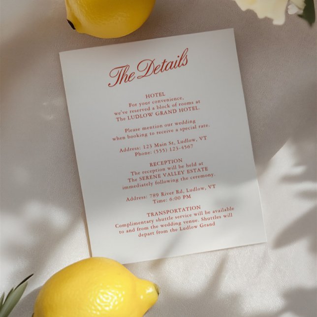 Cartão de Detalhes de Casamento Clássico e de Marf (Elegant Classic Red & Ivory Wedding Details Card)