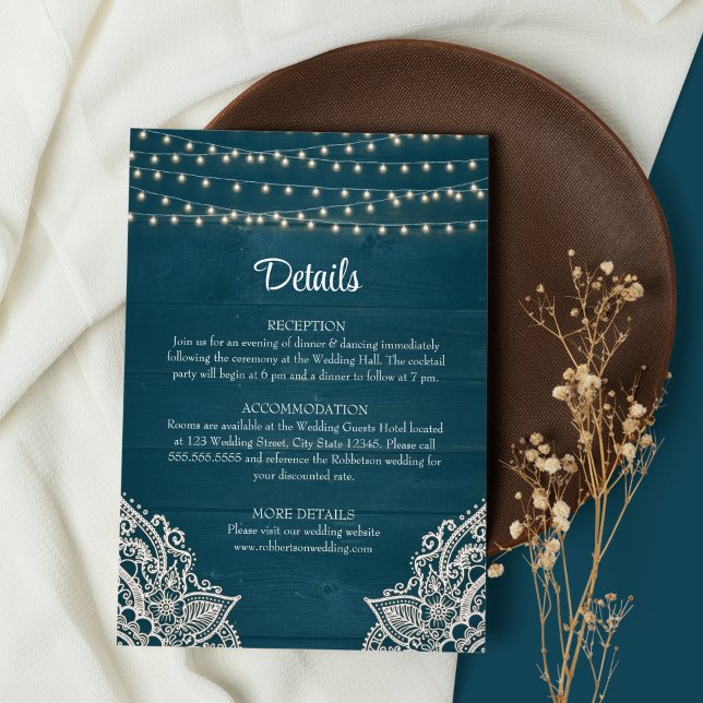 Cartão de Detalhes de Casamento com Elegância Rúst (Dark Teal Wedding Details on brown and white background with dry wildflower)