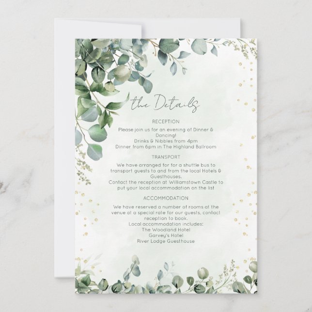 Cartão de Detalhes de Casamento com Folhagem de Eu (Frente)