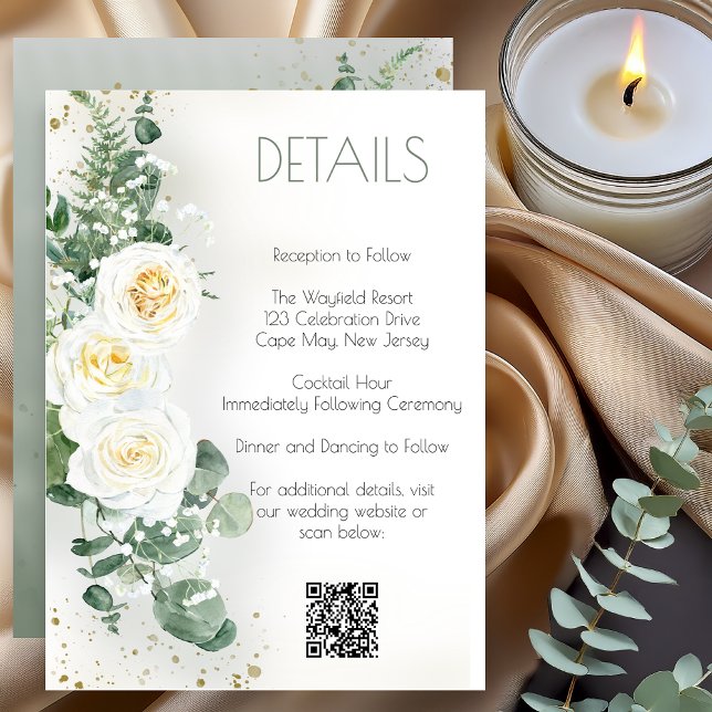 Cartão de Detalhes de Casamento com Verde de Eucal (Elegant eucalyptus greenery wedding details card with white roses and botanical design)