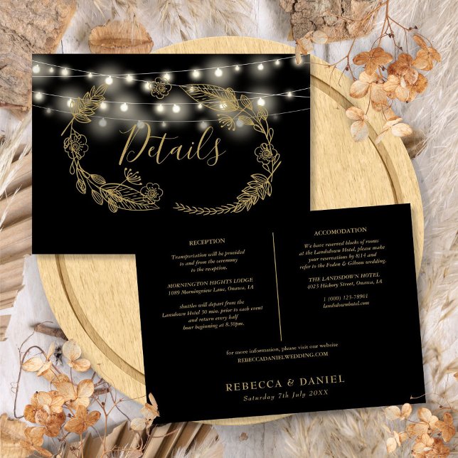 Cartão de Detalhes de Casamento das Luzes de Corda (Black And Gold String Lights Wedding Details Card)