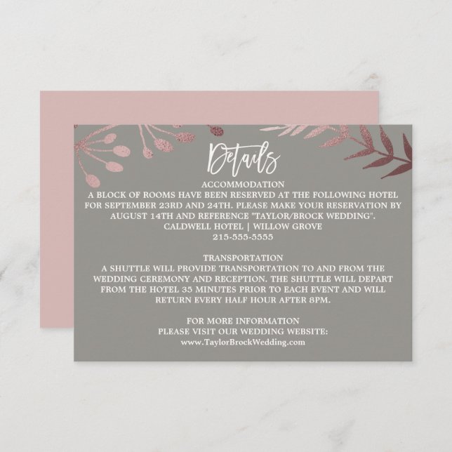 Cartão de Detalhes de Casamento de Cinzas e Rosa D (Frente/Verso)