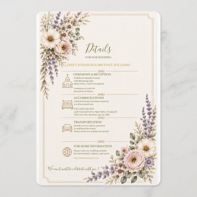 Cartão de Detalhes de Casamento de Flores Silvestr (Frente)