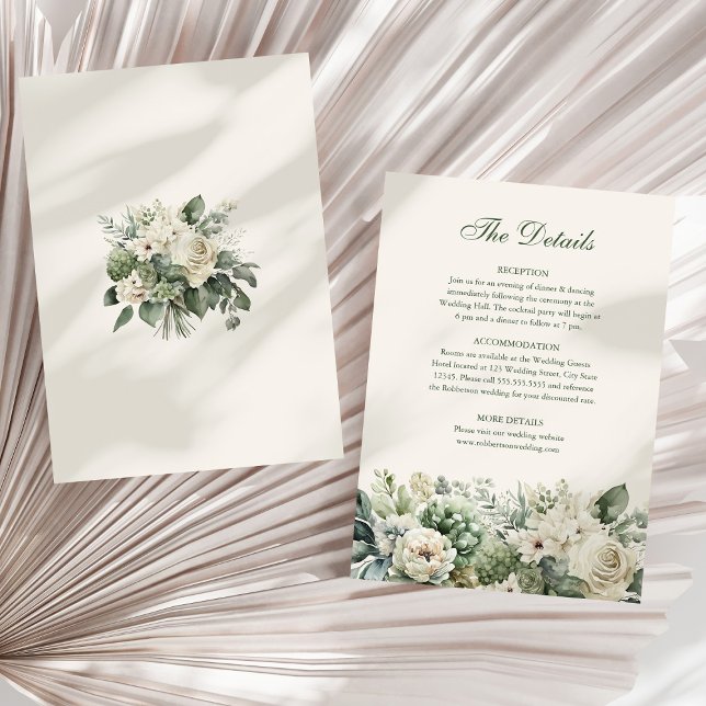 Cartão de Detalhes de Casamento de Flores Verdes e (Sage Green & Ivory Flowers Wedding Details Card on a sunny white dry palm leaf.)