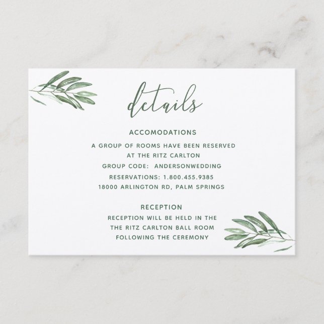 Cartão de Detalhes de Casamento de Folhas de Oliva (Frente)