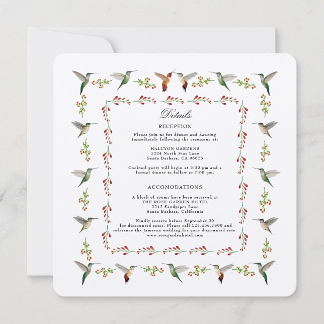 Cartão de Detalhes de Casamento de Hummingbird (Frente)