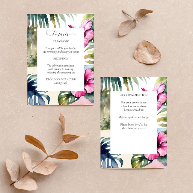 Cartão de detalhes de casamento de palmeiras de pr (Tropical beach palms hibiscus wedding details enclosure card watercolor palm leaves pink flowers )