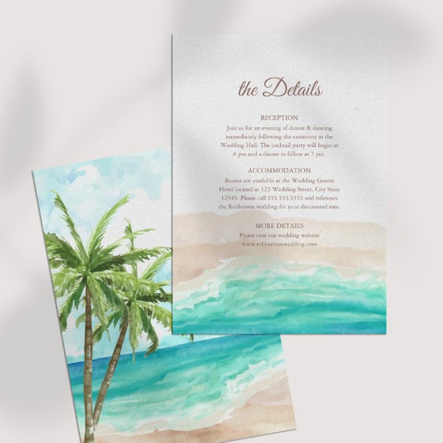 Cartão de Detalhes de Casamento de Palmeiras e Pra (Tropical Beach and Palm Trees Wedding Details Card on a white table)