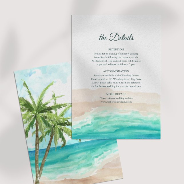 Cartão de Detalhes de Casamento de Palmeiras e Pra (Tropical Beach and Palm Trees Wedding Details Card on a white table.)