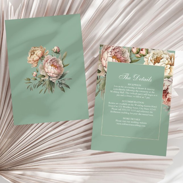 Cartão de Detalhes de Casamento de Pastel Sage & B (Pastel Sage & Blush Peonies Wedding Details Card on a sunny neutral dry palm leaf.)