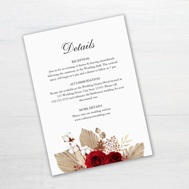 Cartão de Detalhes de Casamento de Rosas da Borgon (Burgundy Roses and Palm Leaves Wedding Details Card Template on gray table)