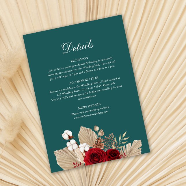 Cartão de Detalhes de Casamento de Rosas Teal Burg (Teal and Burgundy Wedding Detail Card template on dry palm leaf.)