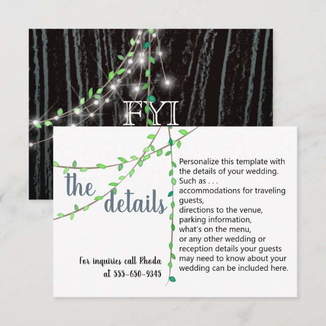 Cartão de Detalhes de Casamento de Vinha e Luzes R (Frente/Verso)