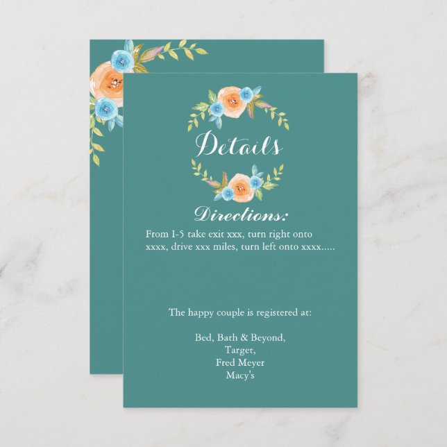 Cartão de Detalhes de Casamento de Watercolo de Qu (Frente/Verso)