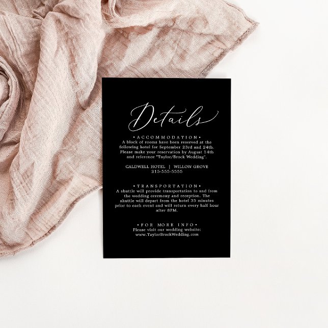Cartão de Detalhes de Casamento Delicado Preto Esc (Delicate Dark Black DIY Wedding Details Card)
