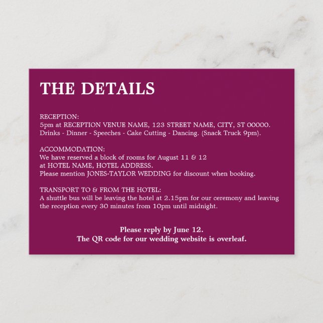 Cartão de Detalhes de Casamento do Código QR do Vi (Frente)