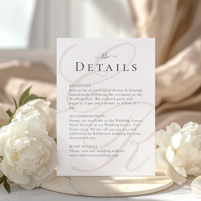 Cartão de Detalhes de Casamento do Monograma Beige (Minimalist Beige Monogram Wedding Details Card with beautiful white peonies.)