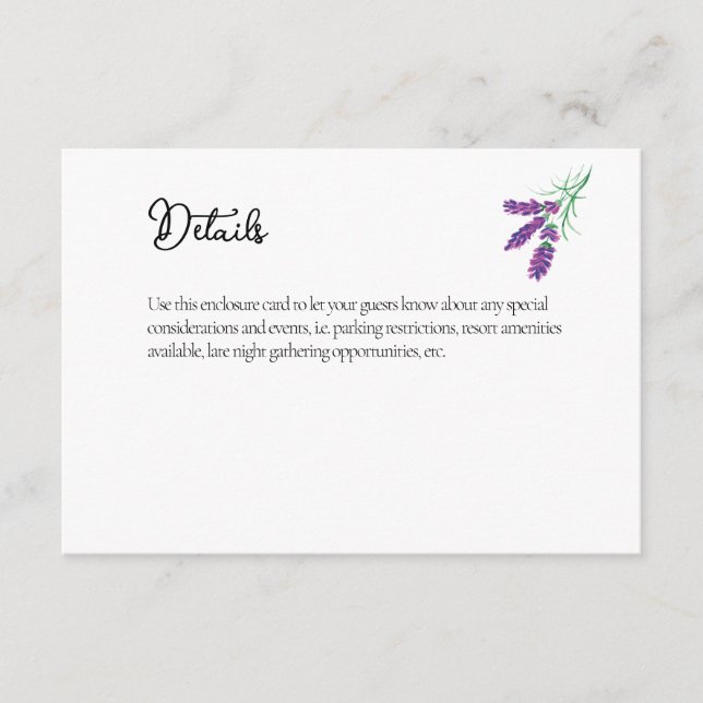 Cartão de detalhes de casamento elegante lavanda (Frente)