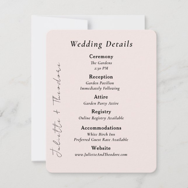 Cartão de Detalhes de Casamento Elegante Rosa (Frente)