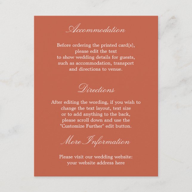 Cartão de Detalhes de Casamento Elegante Terracott (Frente)