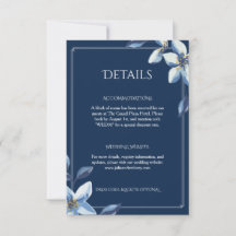 Cartão de Detalhes de Casamento Floral Azul Naval