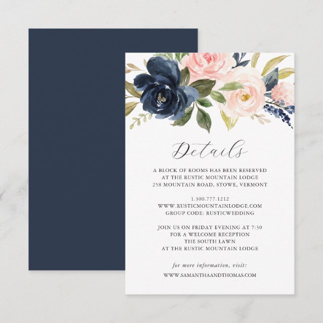 Cartão de Detalhes de Casamento Floral com Blush d (Frente/Verso)