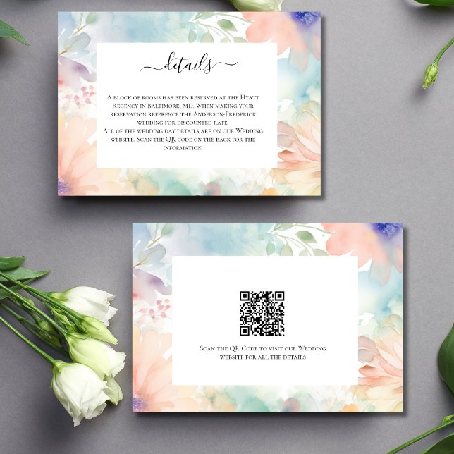 Cartão de Detalhes de Casamento Floral de Pastel W (Pastel Floral Watercolor Wedding Details Card with QR code)