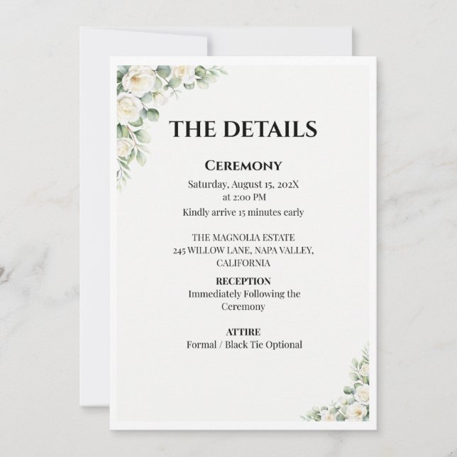 Cartão de Detalhes de Casamento Floral Verde (Frente)