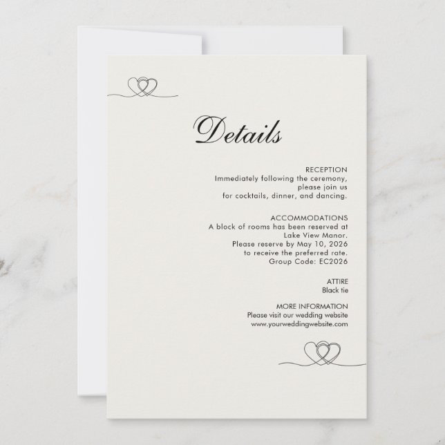 Cartão de Detalhes de Casamento Ivory Modern Chic (Frente)