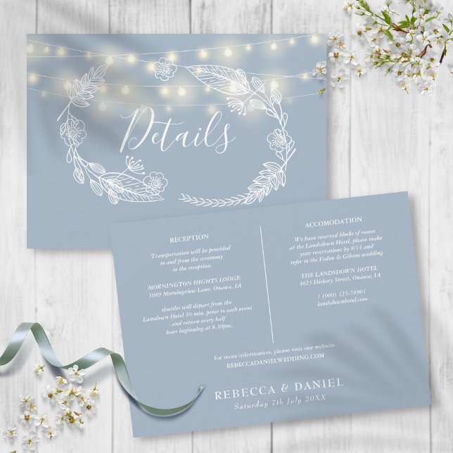 Cartão de Detalhes de Casamento Luzes de Corda Azu (Dusty Blue String Lights Wedding Details Card)