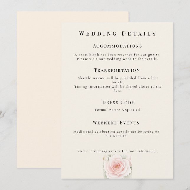 Cartão de Detalhes de Casamento Minimalista Pétala (Frente/Verso)