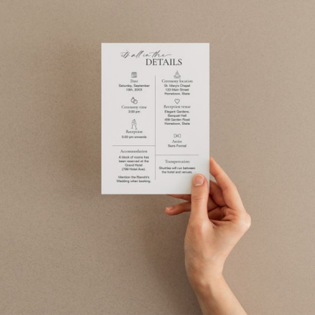 Cartão de Detalhes de Casamento Moderno com Ícones (Criador carregado)