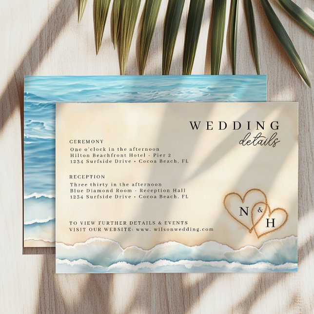 Cartão de Detalhes de Casamento na Praia com Coraç (Wedding Details Enclosure Card)