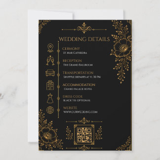 Cartão de Detalhes de Casamento Preto e Dourado de