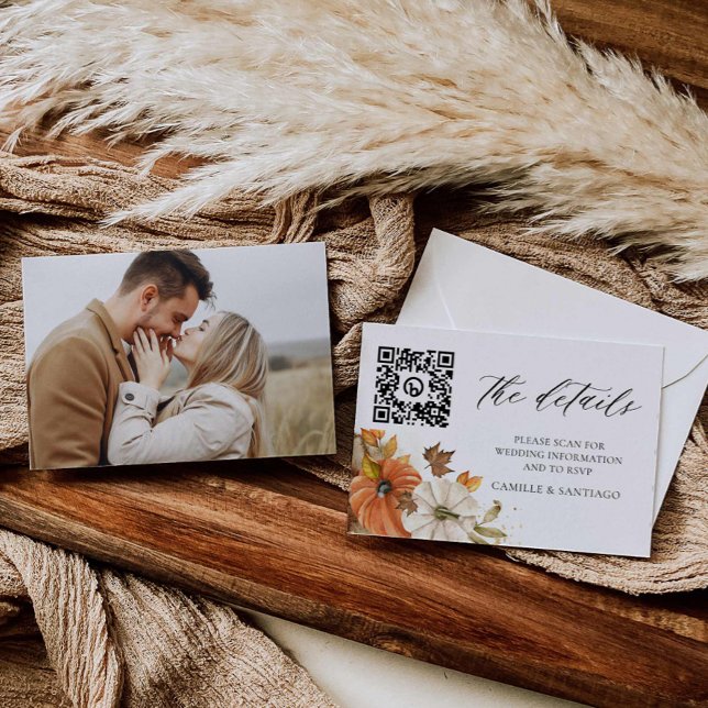 Cartão de Detalhes de Casamento Russo de Queda com (Fall Wedding QR Code Details Card)