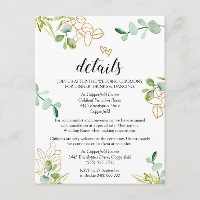 Cartão de Detalhes de Casamento Verde Eucalipto (Frente)