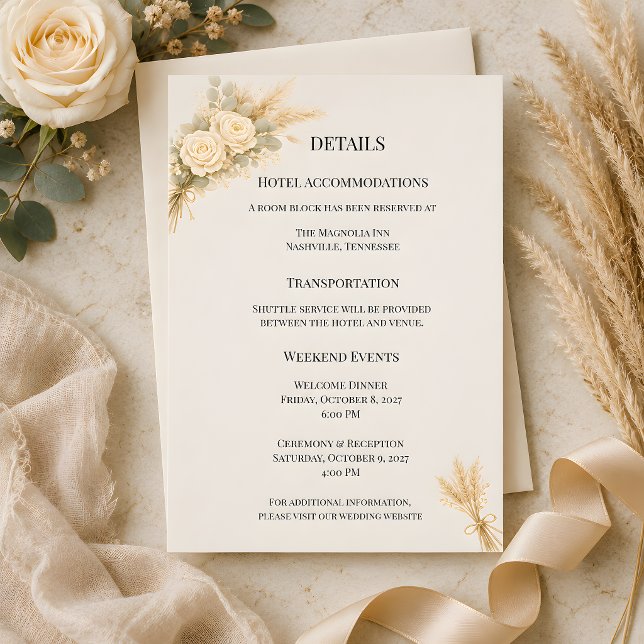 Cartão de Detalhes de Rosa Rústica de Luxo com Gra (Part of the luxury rustic wedding collection, details card)