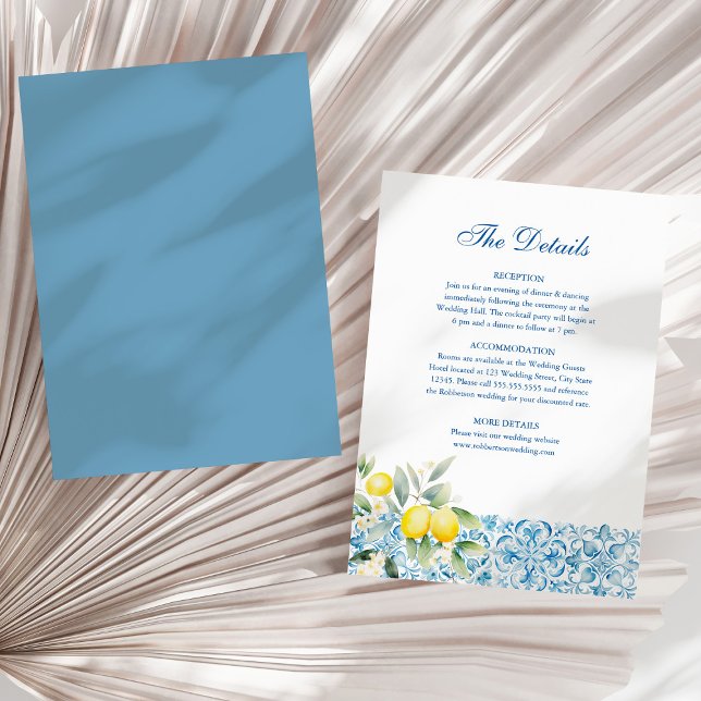 Cartão de Detalhes do Casamento Azulejos Azuis Ita (Italian Blue Tiles and Lemons Wedding Details Card on a sunny white dry palm leaf.)