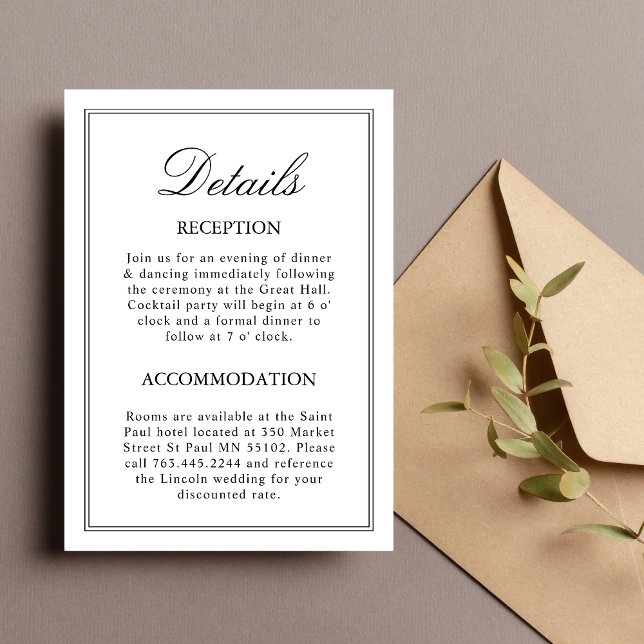 Cartão de Detalhes do Casamento Clássico Branco (White classic details enclosure card shares key info with elegant clarity for wedding guests.)