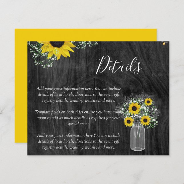 Cartão de detalhes do casamento com girassóis rúst (Frente/Verso)