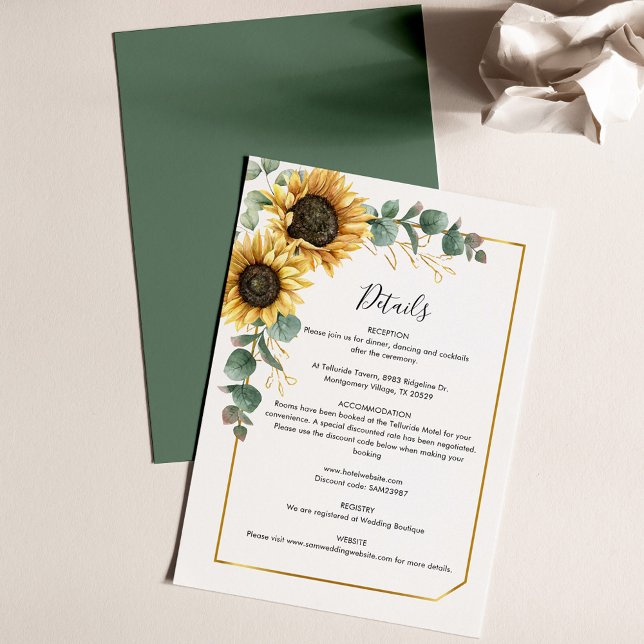 Cartão de Detalhes do Casamento de Girassol Eucaly (Sunflower Eucalyptus Floral Wedding Details Card)