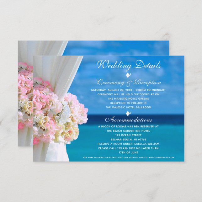 Cartão de Detalhes do Casamento de Praia do Oceano (Frente/Verso)