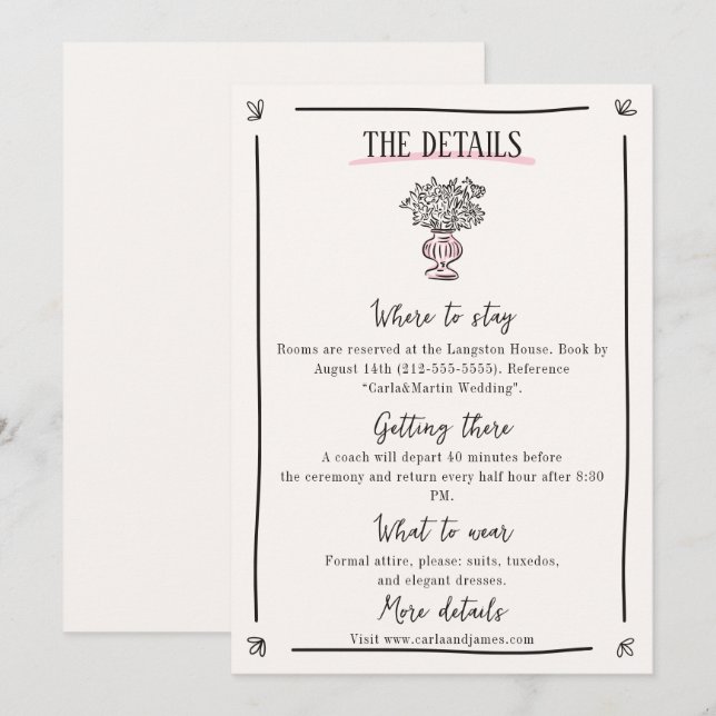 Cartão de Detalhes do Casamento Desenhado à Mão Br (Frente/Verso)