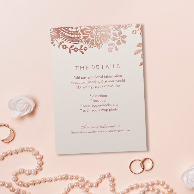 cartão de detalhes do casamento elegante do local  (Rose gold elegant lace wedding details card)