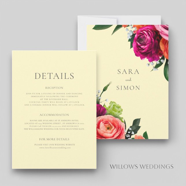 Cartão de detalhes do casamento floral amarelo mod (beautiful pastel yellow with bold florals wedding details card)