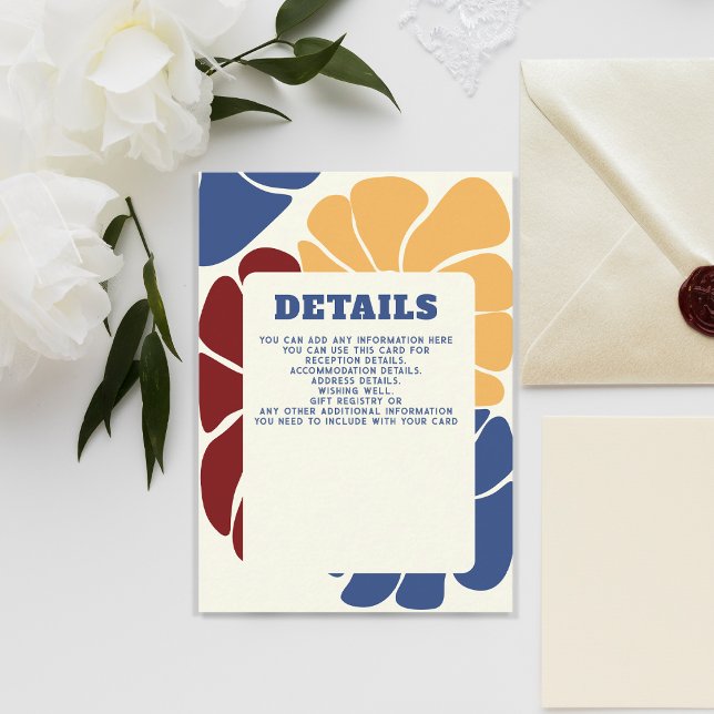 Cartão de Detalhes do Casamento Floral Chic Groovy (Retro Groovy Boho Chic Floral Wedding Details Card)