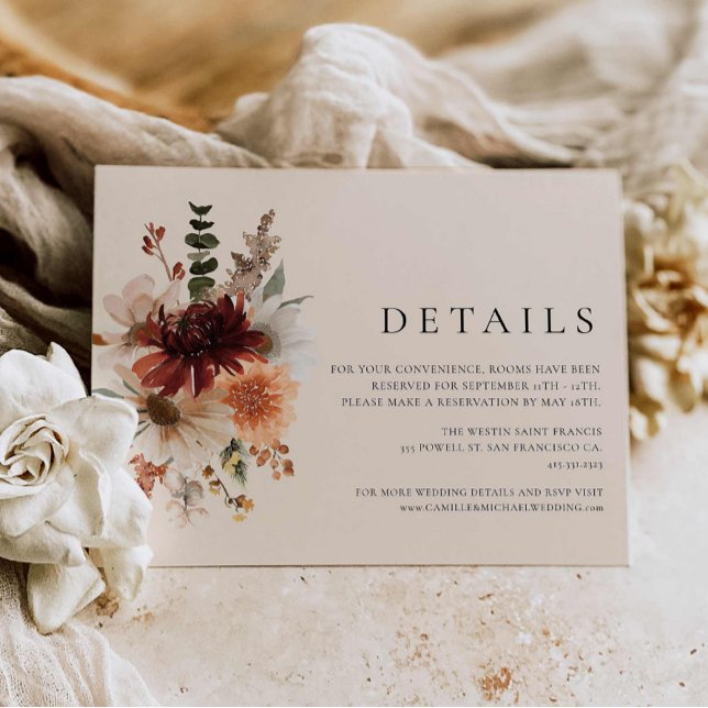 Cartão de Detalhes do Casamento Floral da Elegante (Fall Wildflower Wedding Details Card)