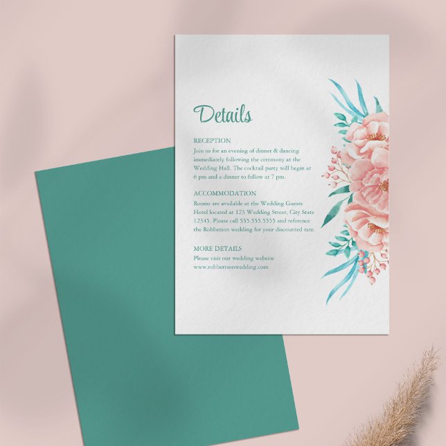 Cartão de Detalhes do Casamento Floral de Pêssego  (Peach and Turquoise Floral Wedding Details Card on a pale pink table.)