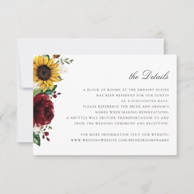 Cartão de Detalhes do Casamento Floral de Sunflowe (Frente)