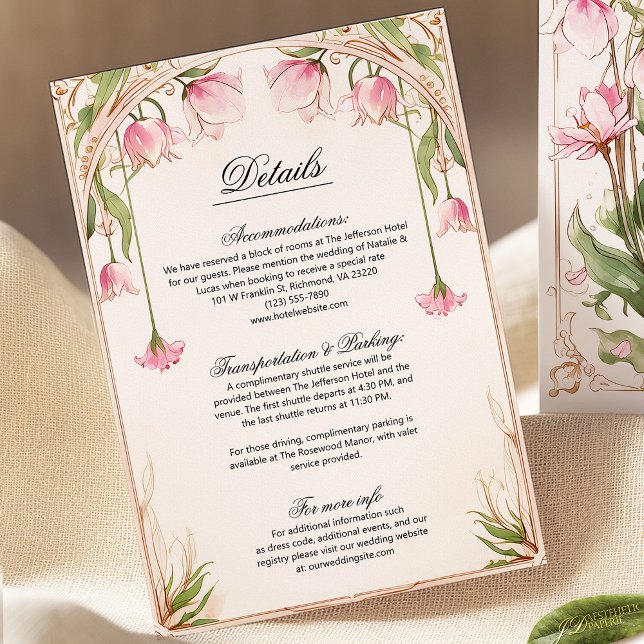 Cartão de Detalhes do Casamento Floral Dourado e R (Criador carregado)